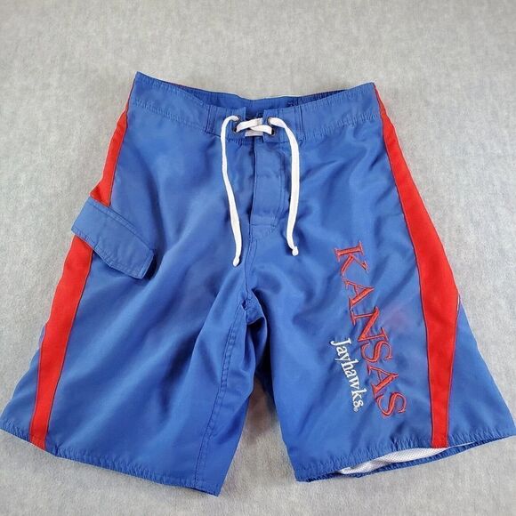 Vtg Kansas Jayhawks Swim Trunks Mens Small Blue NCAA Drawstring Boardshorts - Picture 1 of 9